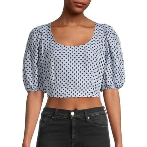 FREE PEOPLE Top Womens 2 Dusty Blue Polka Dot Puff Sleeve Blouse Cropped Shirt - Picture 12 of 12